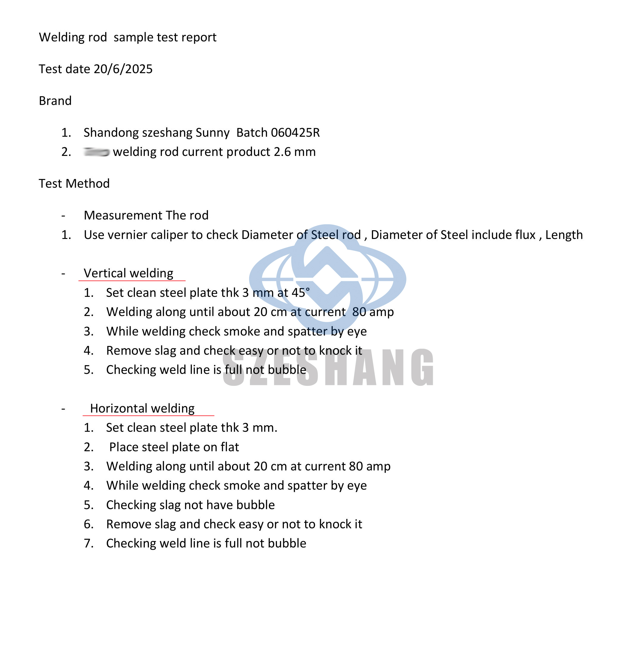 Welding rod testing shandong szeshang